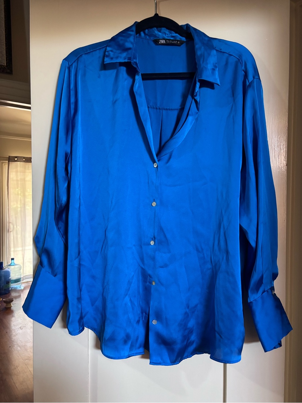 Zara Bright Blue Satin Button-Up Blouse
